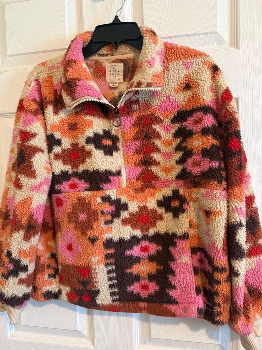 Billabong Pink, Brown & Cream Patterned Sherpa Quarter-Zip Pullover